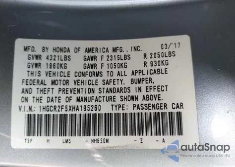 2017 Honda Accord Sport из США, поврежденный, VIN 1HGCR2F5XHA195260